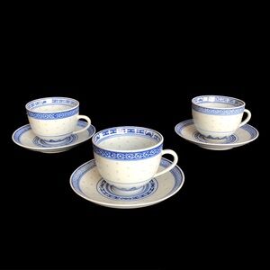 3 Vintage Chinese Rice Eye Tea Cup & Saucer Set Blue White Flower Translucent